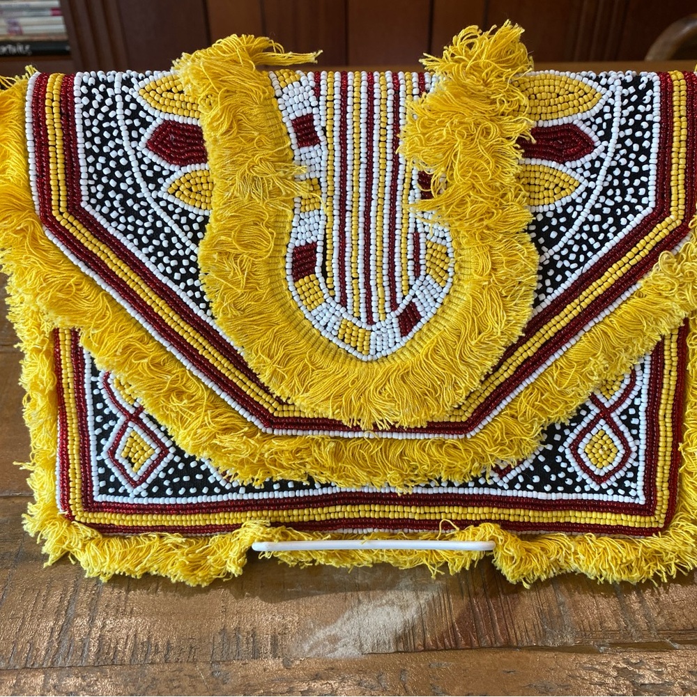Yellow and Black Beaded Fringe Clutch